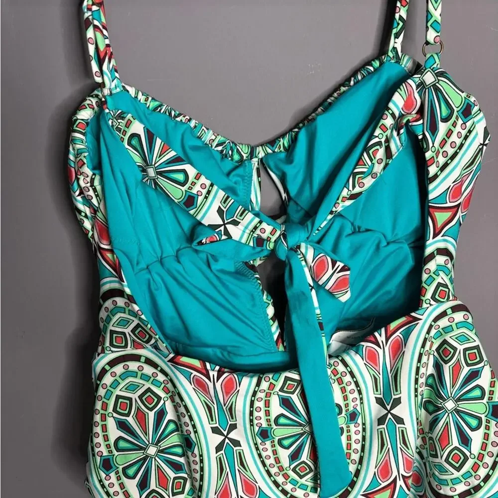 Becca Teal Red Print One Piece Swimsuit w/ Open Back Sz Small